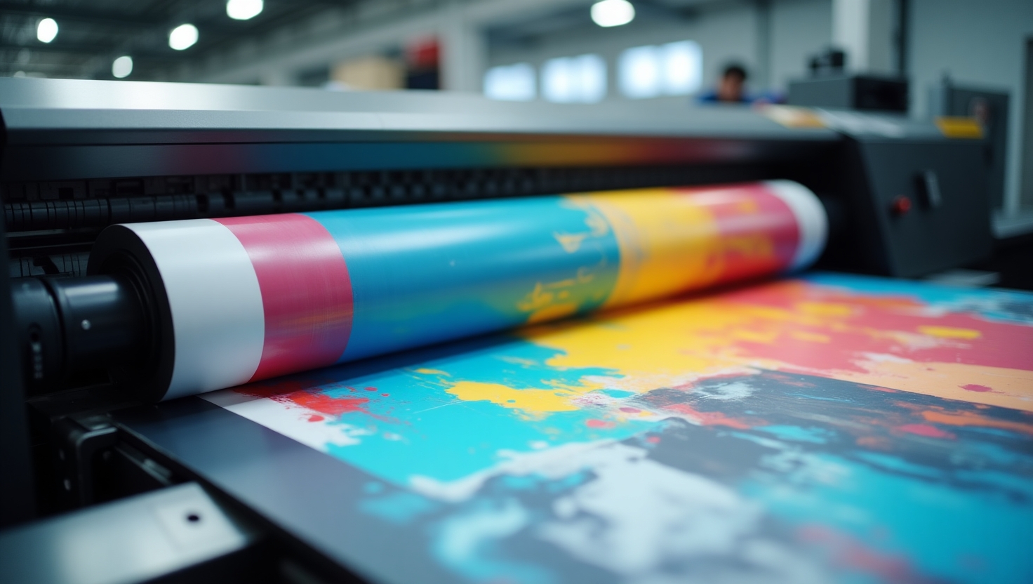 A large modern offset printing machine in action, with colorful CMYK ink rollers applying vibrant inks to paper sheets. Include flying sheets, ink rollers in motion, and a bright, clean industrial print shop background. Add soft lighting and a sharp, high-resolution finish